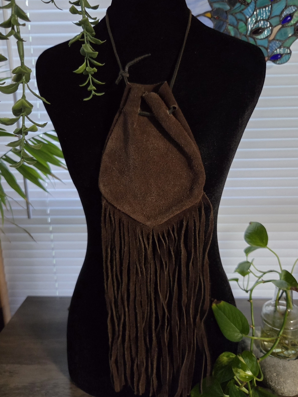 Vintage 1960's Brown Suede Fringe Small Drawstring Pouch Purse